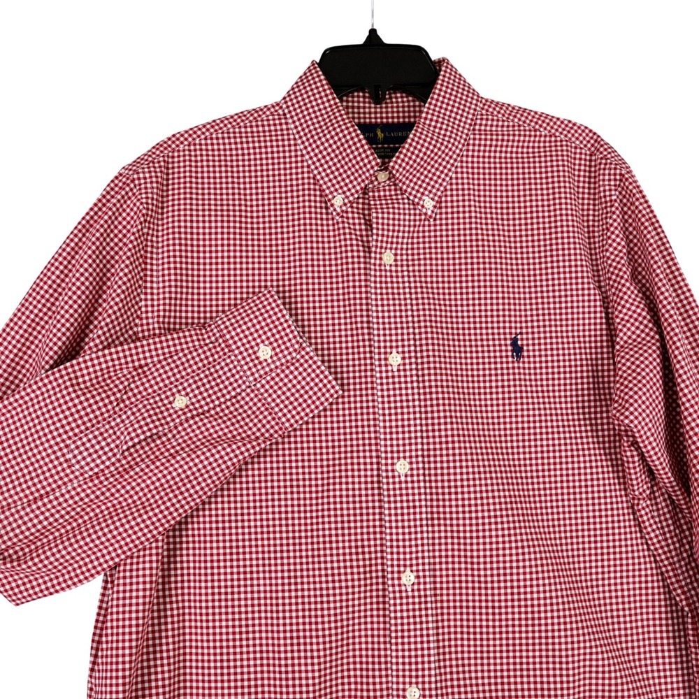 Ralph Lauren Classic Fit Mens L Gingham Button Down Cotton Stretch Shirt Red